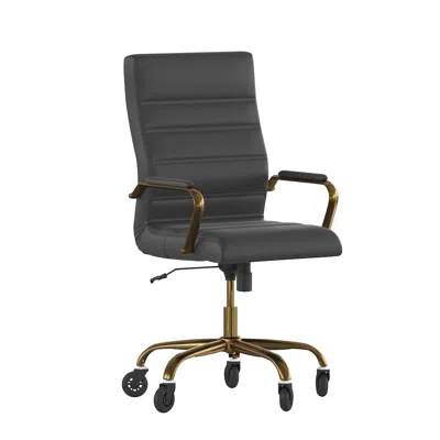 Flash Furniture High Back Black Executive Swivel Office Chair With Gold Frame, Arms, In Black