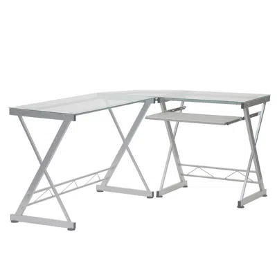 Techni Mobili L-shaped Tempered Glass Top Computer Desk With Pull Out Keybaord Panel. Color: Clear In White
