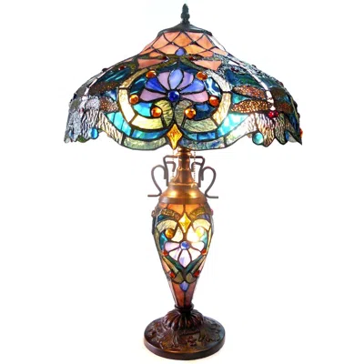 Chloelighting Lydia Tiffany-style 3 Light Victorian Double Lit Table Lamp 17" Shade