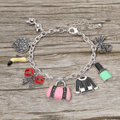Fashnzfab Stone Paved Heart Bow High Heel Bag Lipstick Charm Station Bracelet In Multi