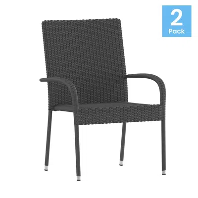 Flash Furniture Maxim Set Of 2 Stackable Indoor/outdoor Wicker Dining Chairs With Arms - Fade & Weather-resistant St In Gray