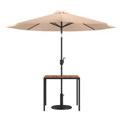 Flash Furniture 3 Piece Patio Table Set - 35" Patio Table And Tan Umbrella With Base In Neutral