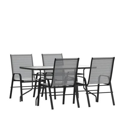 Flash Furniture 5 Piece Set - 55" Tempered Glass Patio Table, 4 Gray Stack Chairs In Black