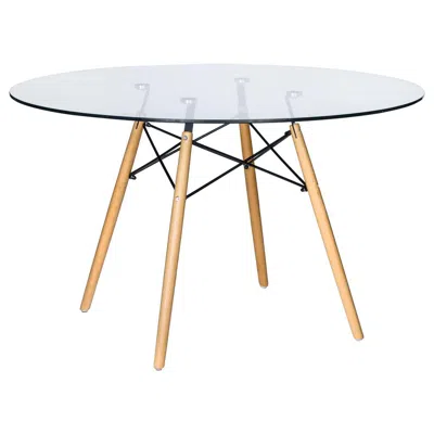 Leisuremod Dover Round Glass Top Dining Table W/ Natural Wood Eiffel Base In Neutral