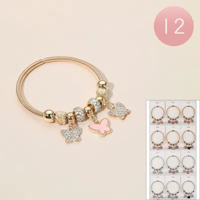 Fashnzfab 12pcs - Elegant Sparkling Accents Butterfly Charm Stretch Bracelets In Gold