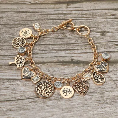 Fashnzfab Antique Metal Tree Of Life Stone Bezel Charm Station Toggle Bracelet In Gold