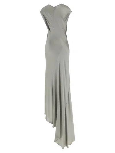 Alberta Ferretti Draped Satin Dress Asymmetric Neckline In Gray