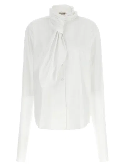 Alberta Ferretti Long Sleeve Collarless Shirt With Scarf Detail In White