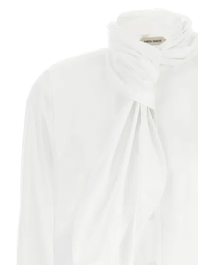 Alberta Ferretti Long Sleeve Collarless Shirt With Scarf Detail In White