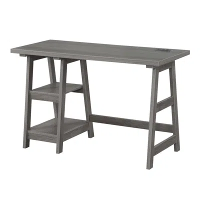 Convenience Concepts Designs2go Trestle Desk With Charging Station, Charcoal Gray