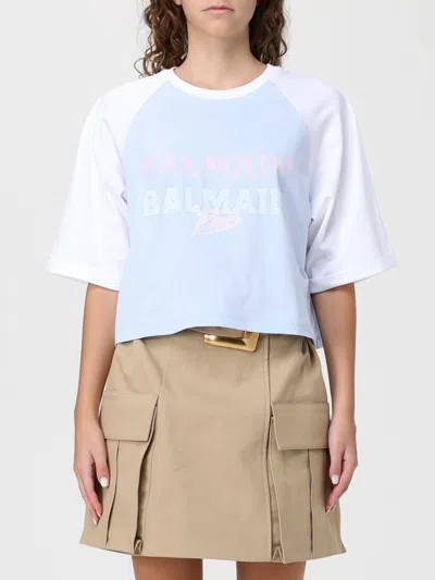 Balmain Paris Print Crew Neck Cropped T-shirt In Blue