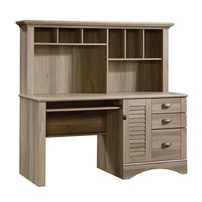 Sauder Harbor View Computer Desk With Hutch, Salt Oak Finish In Brown
