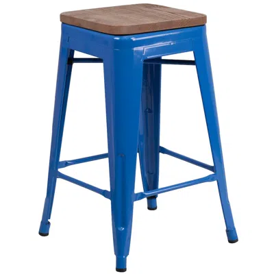 Flash Furniture 24" High Backless Blue Metal Counter Height Stool With Square Wood Seat In Blue