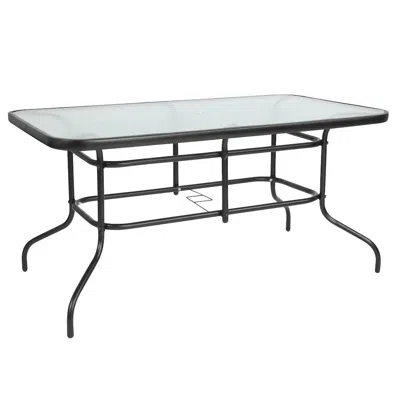 Flash Furniture 31.5" X 55" Rectangular Tempered Glass Metal Table With Umbrella Hole In Black