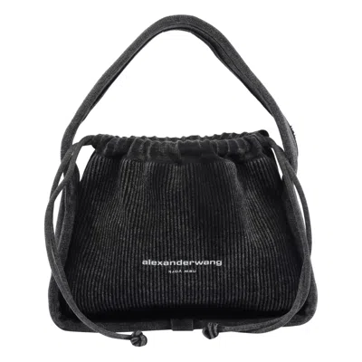 Alexander Wang Grey Cotton Blend Handbag With Drawstring Closure In Black