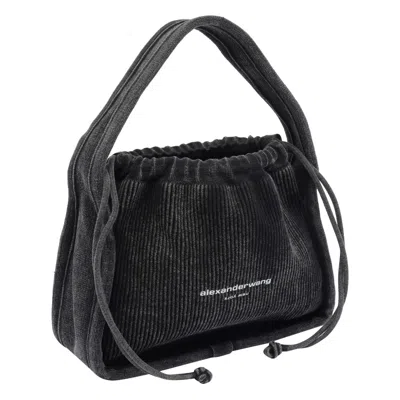 Alexander Wang Grey Cotton Blend Handbag With Drawstring Closure In Black