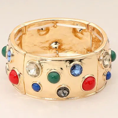 Fashnzfab Gemstone Studded Wide Bangle Statement Stretch Bracelet In Gold