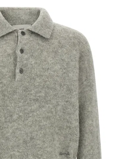 Ami Alexandre Mattiussi Light Grey Knit Sweater With Polo Collar And Three-button Placket In Brown