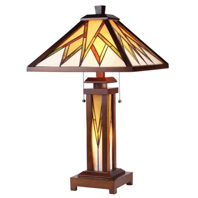 Chloelighting Lamorak Tiffany-style Mission 3 Light Double Lit Wooden Table Lamp 15" Shade