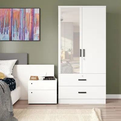 Woodpeckers Furniture And Mattress Mirrored 2 Door Wardrobe & 2 Drawers In White Color In White