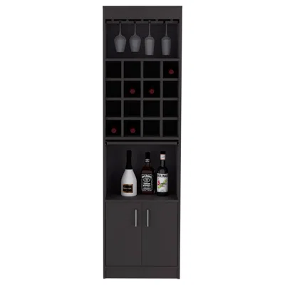 Depot E-shop Athens Kava Bar Cabinet, 16 Built-in Wine Rack, Two Door Cabinet, Two Shelves, Black In Black
