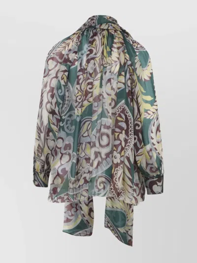 Etro High Neck Sheer Floral Scarf Top In Multi