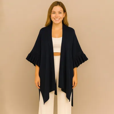 Truedames Solid Knit Open Front Punched Ruffle Sleeves Kimono Poncho In Black