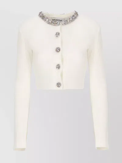 Self-portrait Whirw Cropped Crewneck Cardigan With Crystal Embellishments On Collar And Buttons In Wool Blend Woma In Gray