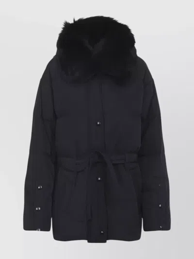 Yves Salomon Doudoune Short Down Jacket With Fur Inserts And Belt In Black