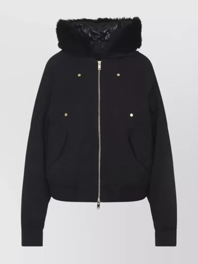 Moose Knuckles Fitted Hooded Jacket With Plush Fur Trim And Metallic Accents In Black