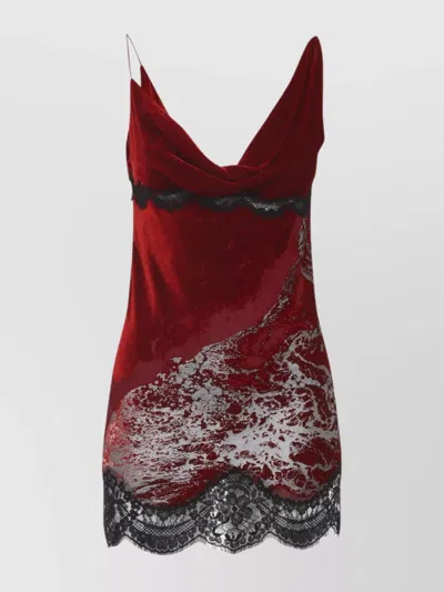 Roberto Cavalli Mini Slip Dress With Deep Cowl Neckline And Abstract Pattern In Red