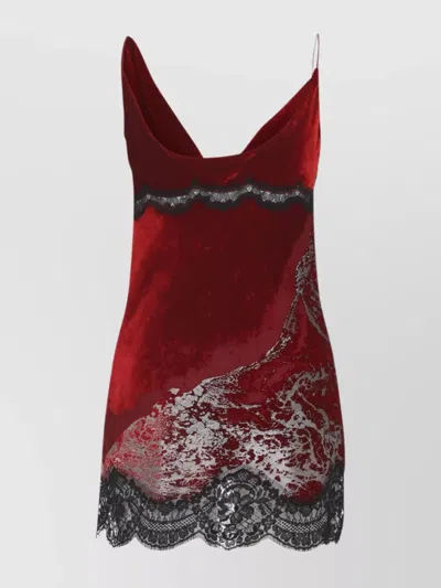 Roberto Cavalli Mini Slip Dress With Deep Cowl Neckline And Abstract Pattern In Red