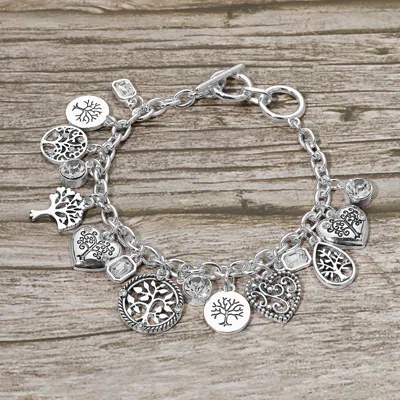 Fashnzfab Antique Metal Tree Of Life Stone Bezel Charm Station Toggle Bracelet In Silver