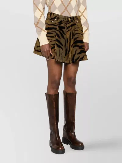 Ganni Printed Flock Denim Mini Skirt Khaki In Animal Print