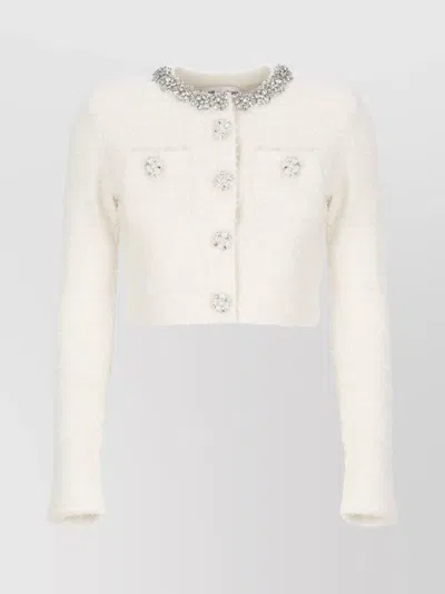 Self-portrait White Crewneck Cropped Cardigan With Crystal Embellishments On The Collar In Cotton Blend Woman In White