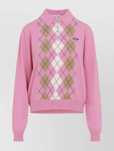 Miu Miu Argyle Pattern Polo With Ribbed Cuffs And Hem In Pink