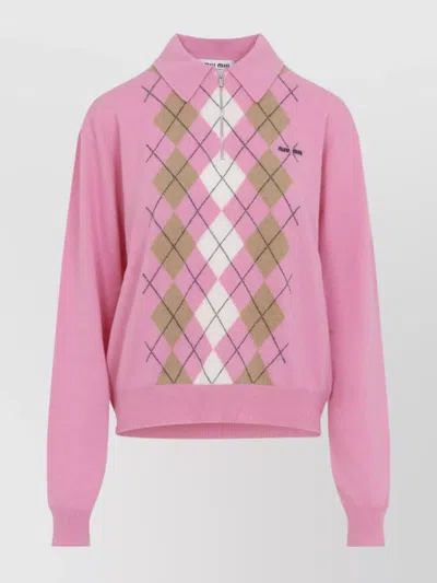 Miu Miu Argyle Pattern Polo With Ribbed Cuffs And Hem In Pink