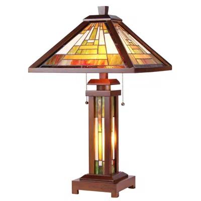 Chloelighting Gawain Tiffany-style Mission 3 Light Double Lit Wooden Table Lamp 15" Shade