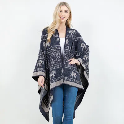 Truedames Open Front Elephant Pattern Print Shawl Wrap Poncho With Loop In Blue