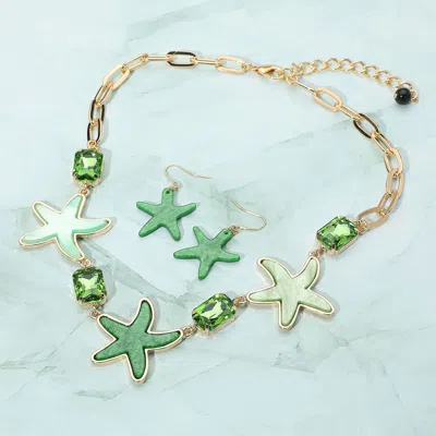 Fashnzfab Glittered Resin Starfish Stone Cluster Link Statement Necklace In Green