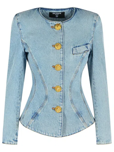 Balmain Cotton Jacket With Long Sleeves And Gold Buttons In Blue