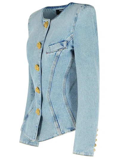 Balmain Cotton Jacket With Long Sleeves And Gold Buttons In Blue