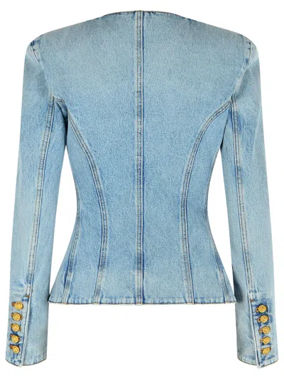 Balmain Cotton Jacket With Long Sleeves And Gold Buttons In Blue