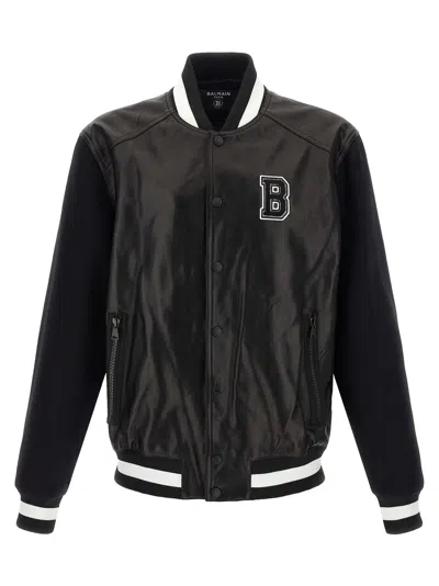 Balmain Varsity Bomber Jacket With Leather And Wool In Black
