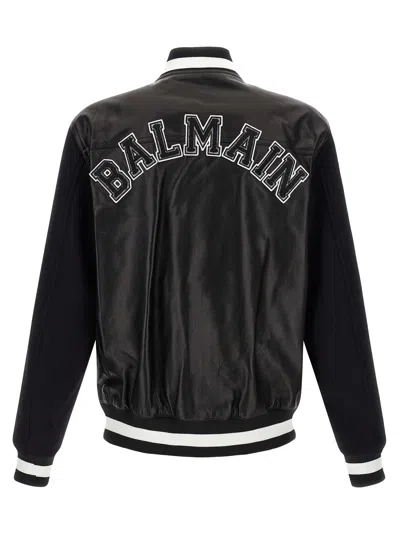 Balmain Varsity Bomber Jacket With Leather And Wool In Black