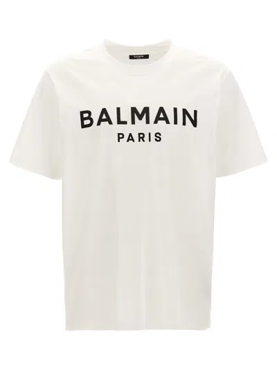 Balmain White Crewneck T-shirt With Contrasting Logo Lettering Print In Cotton In White