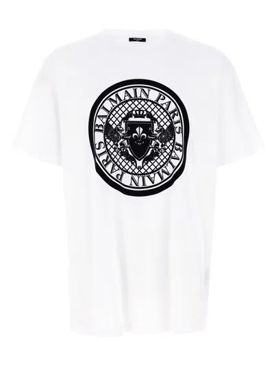 Balmain White Cotton T-shirt With Maxi Logo Print In Multi