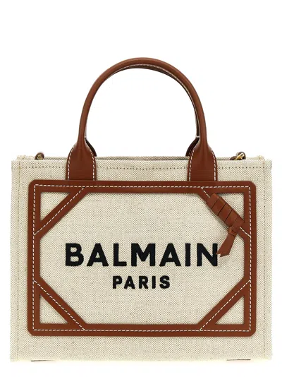 Balmain Mini Canvas And Leather Tote Bag With Adjustable Strap In White