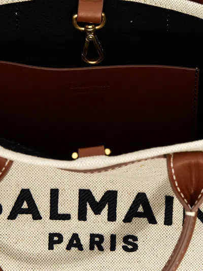 Balmain Mini Canvas And Leather Tote Bag With Adjustable Strap In White