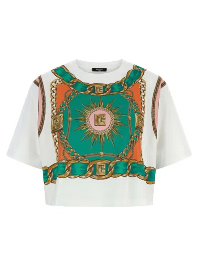 Balmain Chain Motif Crew Neck Cropped T-shirt In Multi